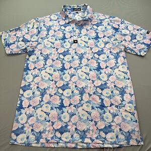 Bad Birdie Polo Shirt Mens Large Blue Pink Floral AOP Golf Performance Stretch